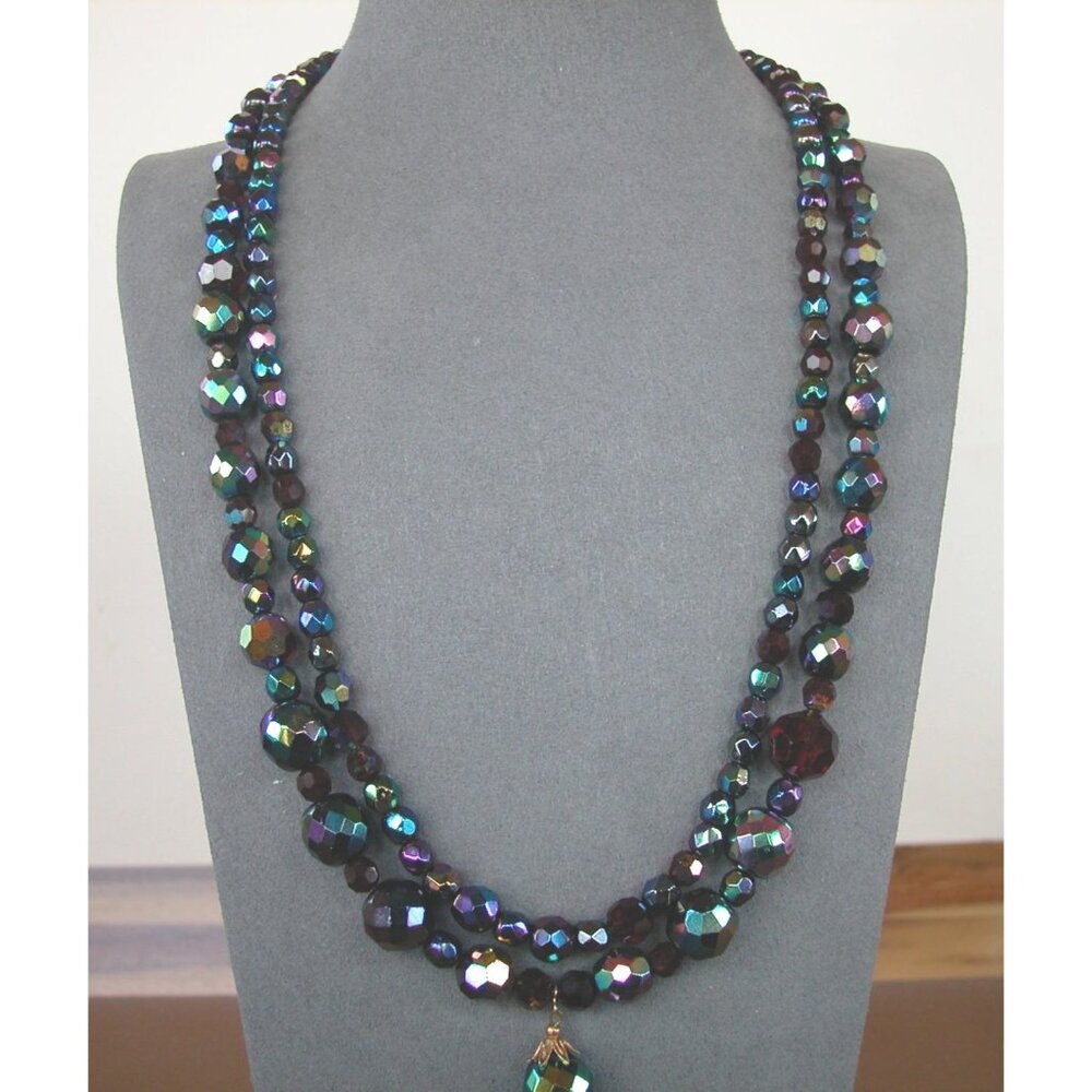 Necklace Double Strand Carnival/Peacock Glass 1950"s